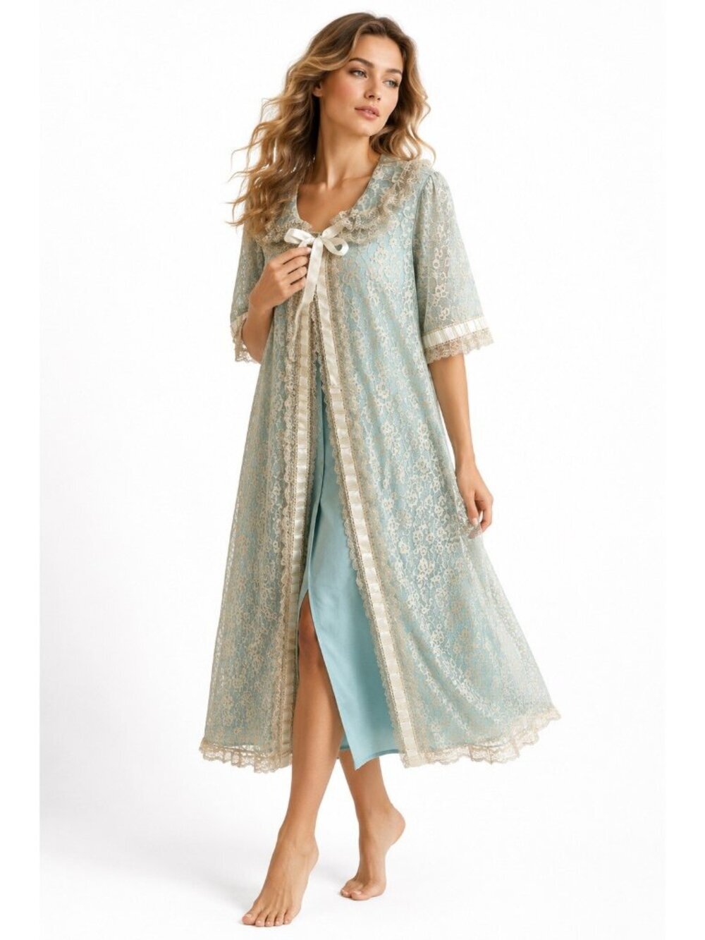 vintage 60s LACE SATIN PEIGNOIR ROBE large floral lace romantic peter pan collar